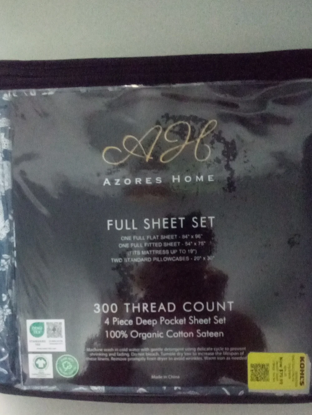 Azores Home Full Sheet Set NWT $199.99 Navy Floral 100% Organic Cotton